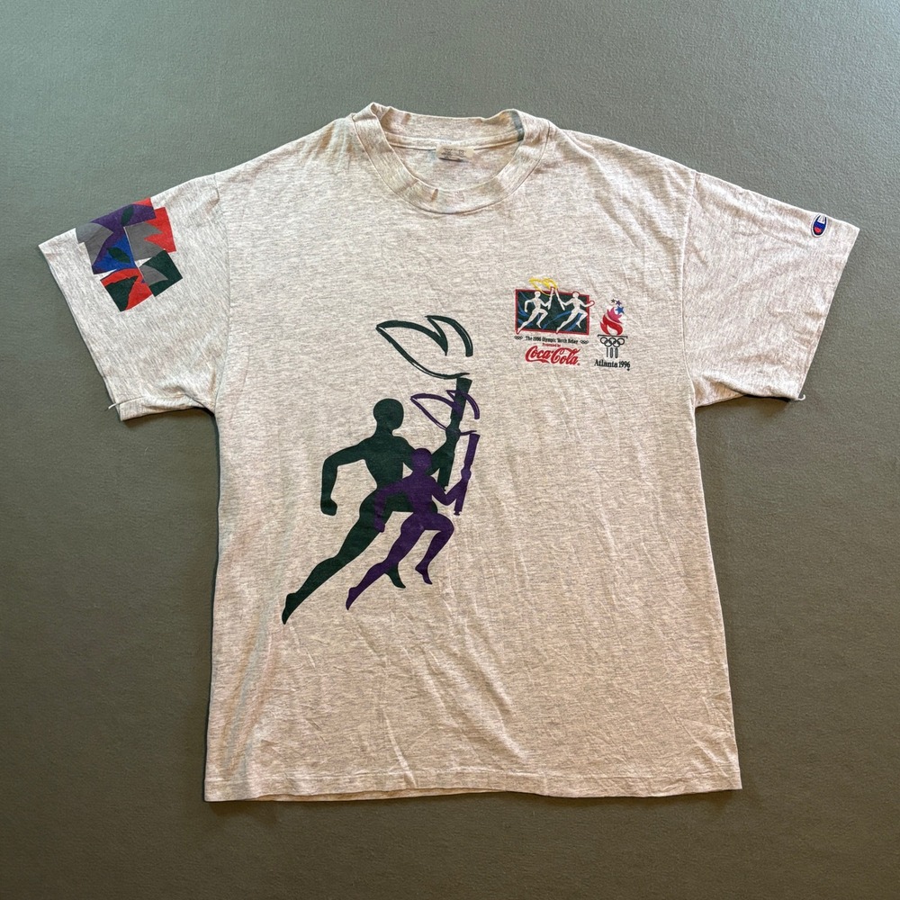 VTG 1996 Atlanta Olympics Torch T Shirt Mens L Grey Coca-Cola 90s Single Stitch